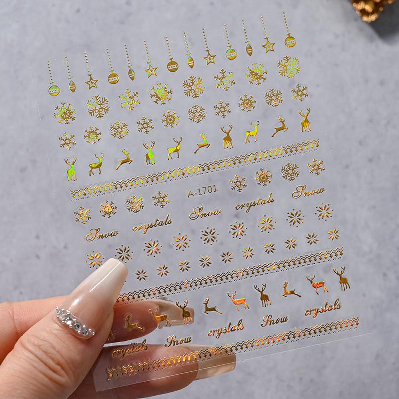 1Sheet Christmas Decorations 2026 New Year Nail Stickers Press On Nails Laser Snowflake Snowman Christmas Tree 3D Nail Decal