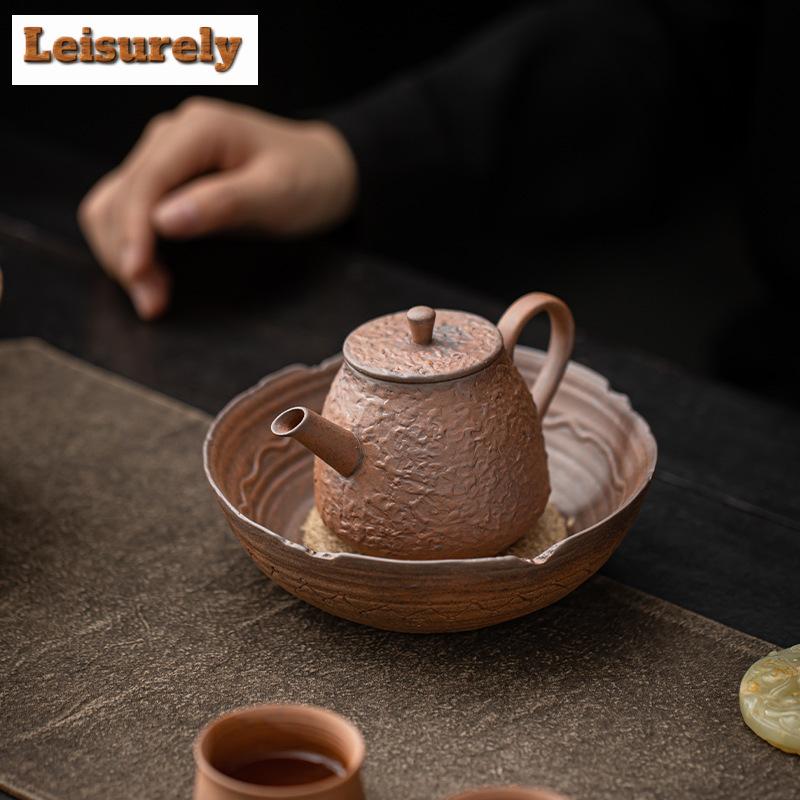 Handmade Coarse Pottery Tripodia Pot Bearing Holder Retro Dry Brew Table Tea Tray Fruit Snack Plate Teaware Supplies Decoration
