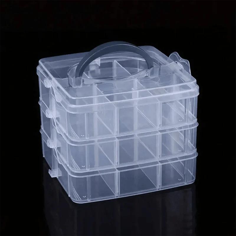 Non-Toxic 3-Tier Transparent Handle Adjustable Stackable Compartment Plastic Storage Box For Organizing Stamps Jewelry And Accessories