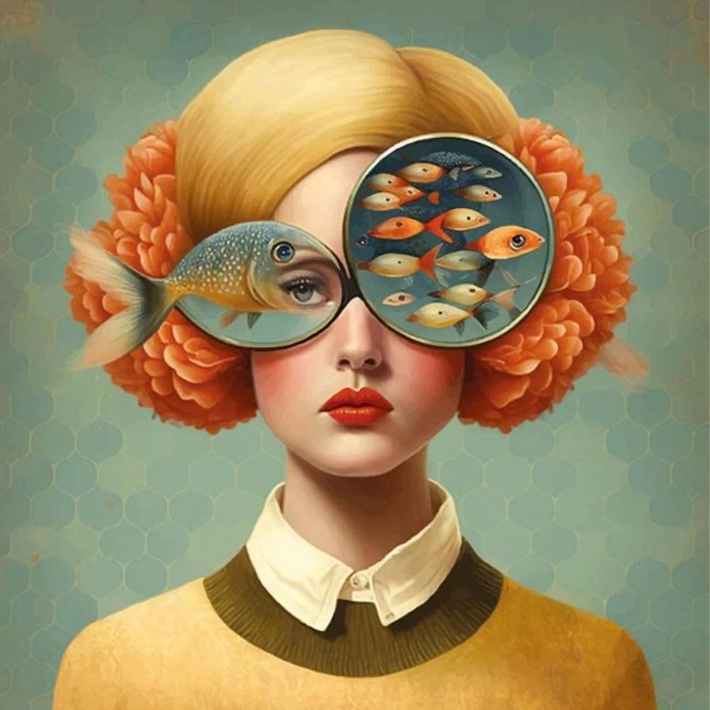 Surrealist Female Portrait Oil On Canvas Wall Art Fantastic Fantasy Fish and Girl Poster Printed Living Room Home Decor