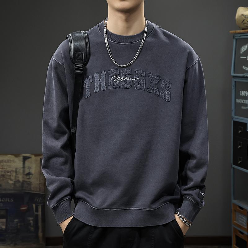 

Осенний дизайн Sense вышитый свитер мужской плотный чистый хлопок свободная нижняя рубашка американский ретро стираный повседневный топ Tide 4XL