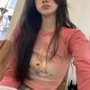 Kawaii Pink Rabbit Print Crop T Shirts Women Harajuku Sweet Cute Graphic Tops Streetwear Vintage Sexy Long Sleeve Tees