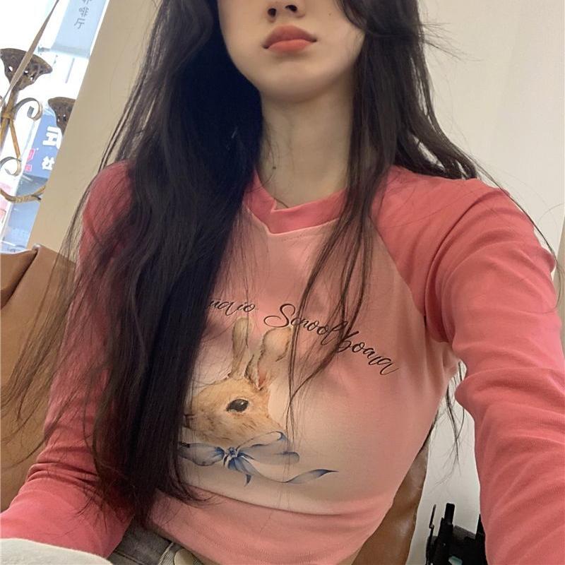 Kawaii Pink Rabbit Print Crop T Shirts Women Harajuku Sweet Cute Graphic Tops Streetwear Vintage Sexy Long Sleeve Tees
