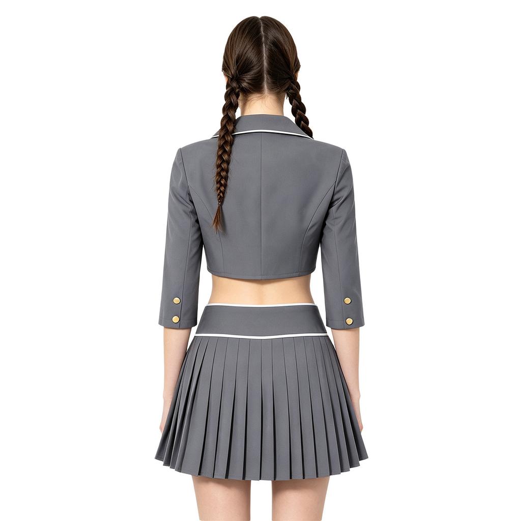 Women Halloween Cosplay Outfit Lapel Collar 3/4 Sleeve Cropped Blazer Jacket and Side Zip Skirt Set for Themed Party Stage