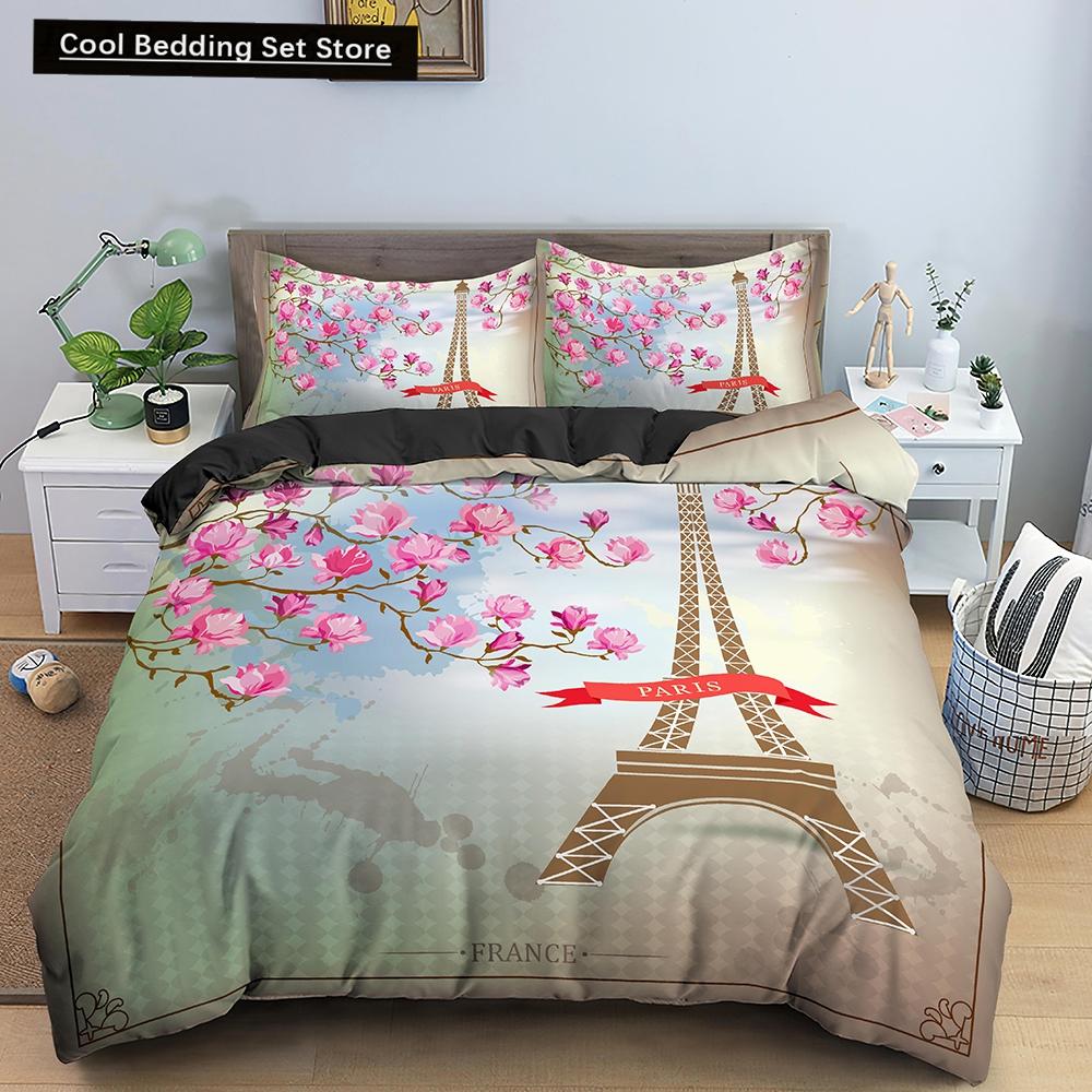 Paris Eiffel Tower King Queen Duvet Cover World Famous Romantic Attractions Bedding Set Women Girls 2/3Pcs Polyester Quilt Cover