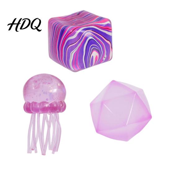 Relaxation Squeeze Ball 3Pcs Stress Relief Toy Set, Flow Pattern Cube Sensory Anxiety Toy, Soft Stretchy Clear Jellyfish Pinch for Kids Adults