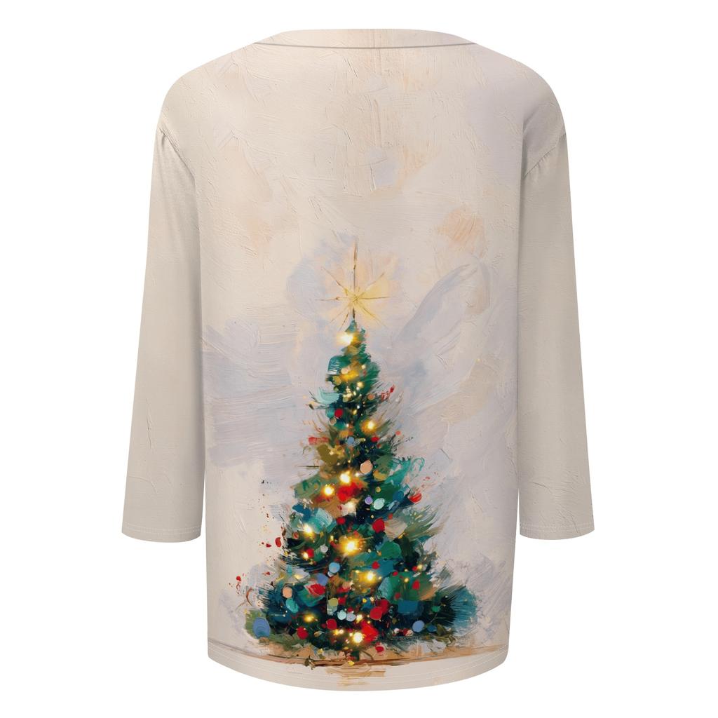 Women's V-Neck Christmas Print Shirt with Three-Quarter Sleeve and Loose Fit for Casual Daily Wear