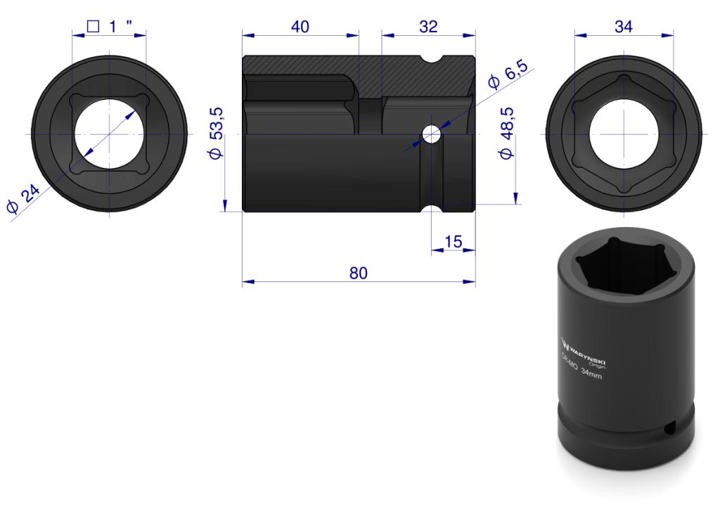 Nasadka Udarowa Sześciokątna 1"Długa. 34 Mm. Crmo. Din 3129 Waryński