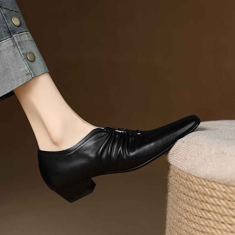 Fashion 2025 New Fashion Square Toe Thick Med Heels Women Pumps Spring Summer Office Lady Party Genuine Leather Shoes Woman Size 34-40