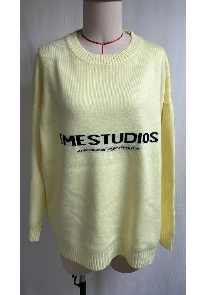 Maglione Retro da Donna a Vestibilità Larga con Lettere - Pullover in Maglia Giallo per Autunno/Inverno