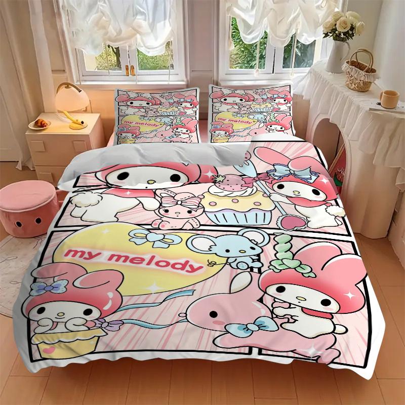 3pcs Pink My Melody Printed Quilt Set Soft and Comfortable Quilt Cover for Bedroom, Guest Room Bedding Set W073