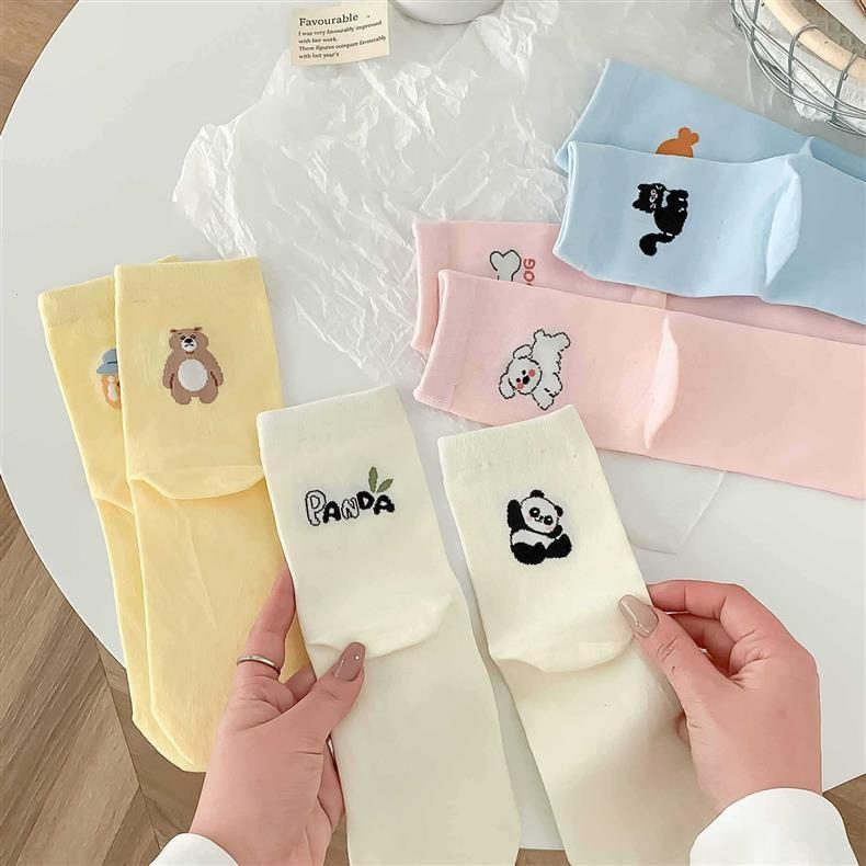 Trendy A&B Style Mid-tube Socks for Women Cute Cartoon Soft Breathable Cotton Socks Candy Color College Style Student Socks