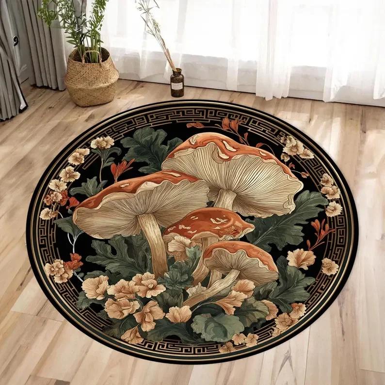 Mushroom Pattern Circle Carpet Utility Round Rug for Living Room Bedroom Deco Kitchen Under Table Floor Mat Non Slip Vintage Rug