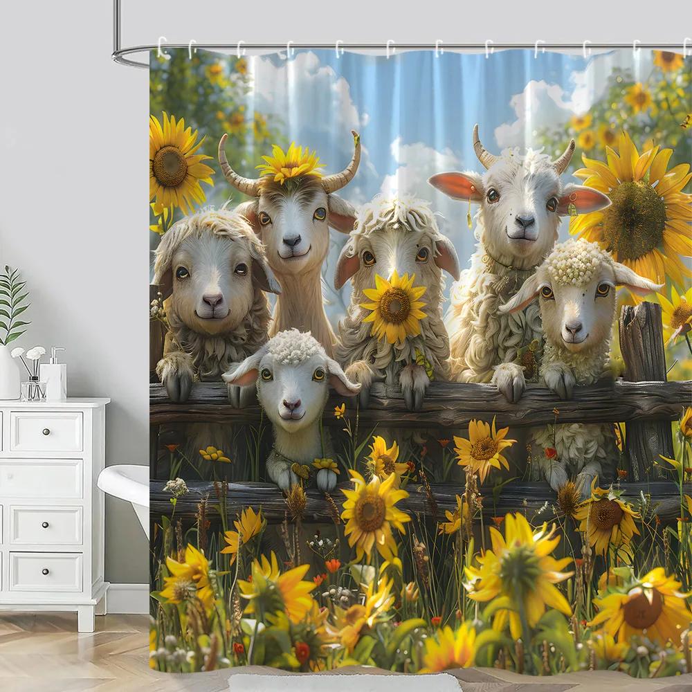 Farm Animals Shower Curtain Funny Pig Sheep Donkey Shower Cartoon Rustic Barn Polyester Fabric Bathroom Decor Curtain Washable