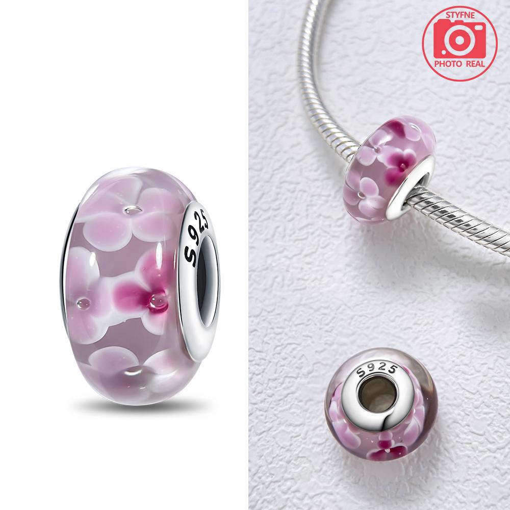 Pink Flowers Murano Original Glass Beads Copper Colors For Charms Copper Colors Original Bracelet For Jewelry Making