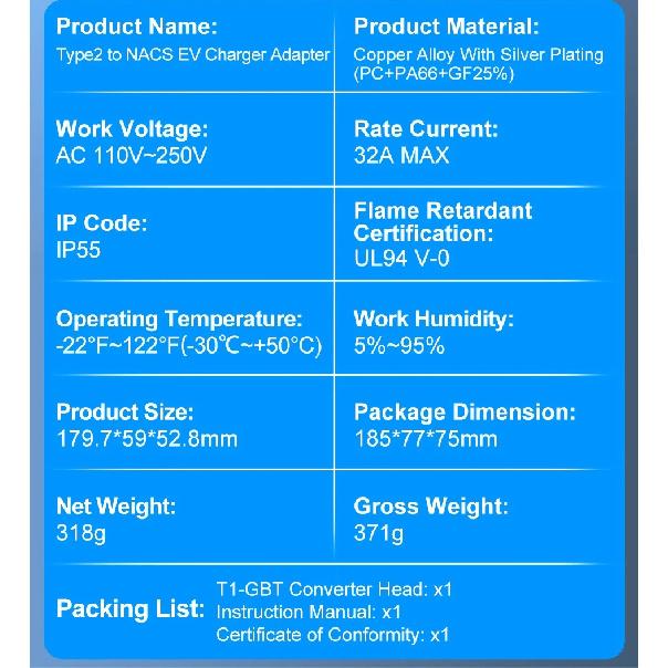Type 2 To NACS EV Adapter Convertor AC 1Phase AC 110V-250V 32A Type2 To Tesla Charging Converter Adaptor for Model 3 X Y S