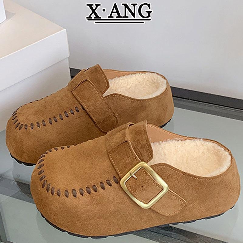 Cowhide Version Thick-soled Bag Head Half Slippers, Wear New Lamb Wool Shoes Cotton Slippers In Autumn and Winter