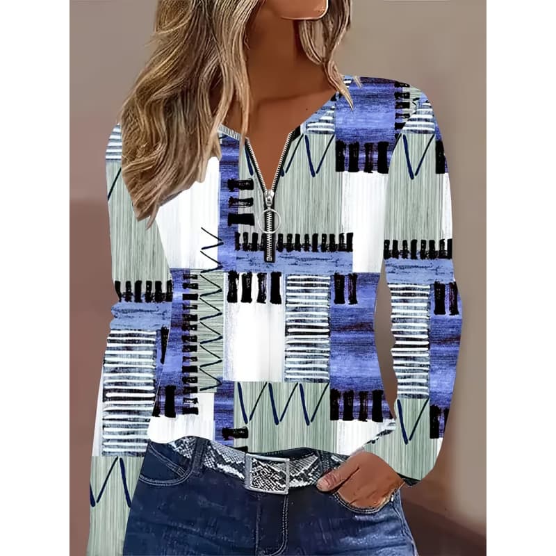 Women's Creative Printed Zipper Long-sleeved T-shirt, Breathable, Soft and Comfortable, Suitable for All-year-round Casual Wear