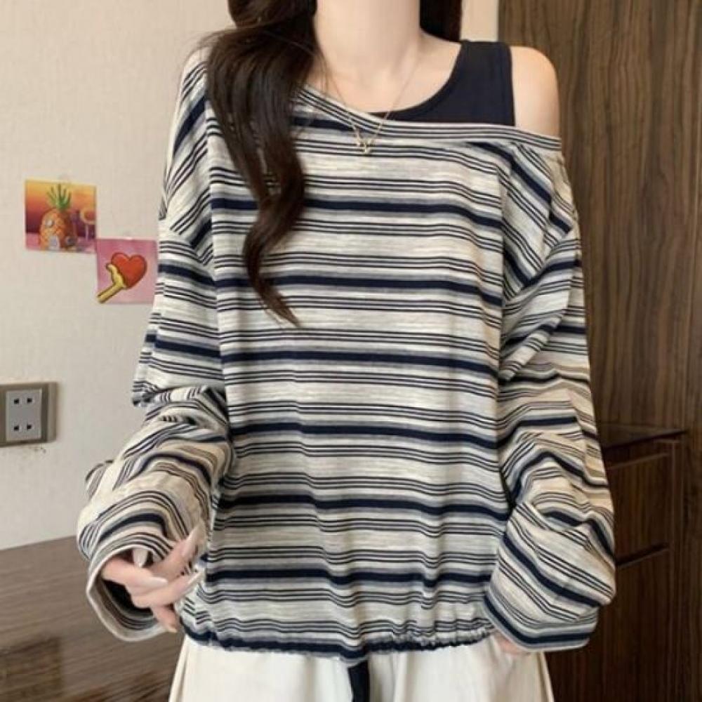 Navava Women Off Shoulder STripe DrawsTring Long Sleeve T shirT nT3202
