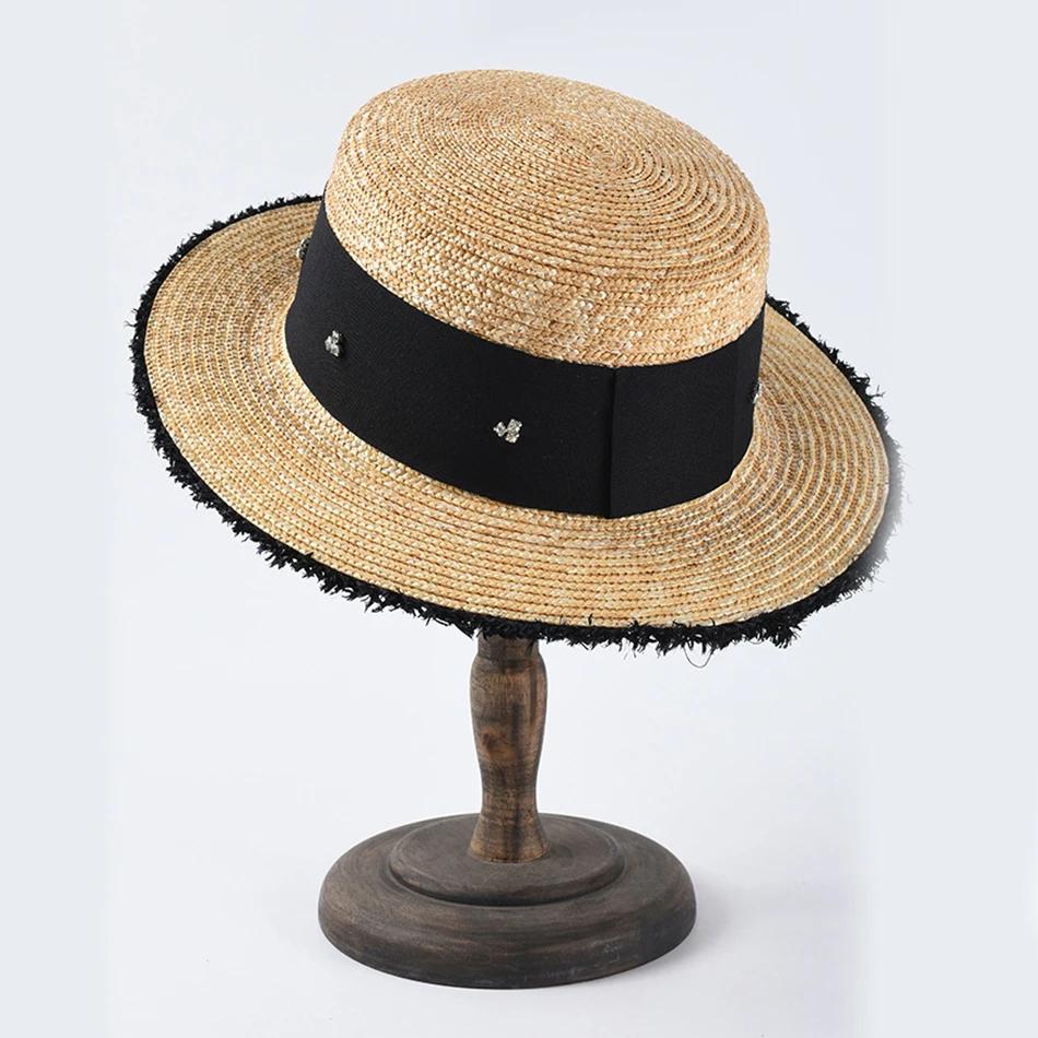 

New Brand Really Straw Hat for Women Summer Style Flat Top Straw Hat with Frayed Edges Rhinestone Beach Ladies Fashion Sun Hat Adjustable 56-58 cm бежевий