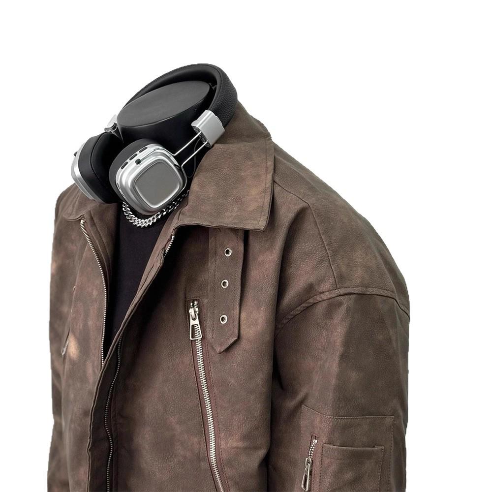 Men's Trendy Maillard Brown Leather Motorcycle Bomber Jacket with Lapel and Zipper