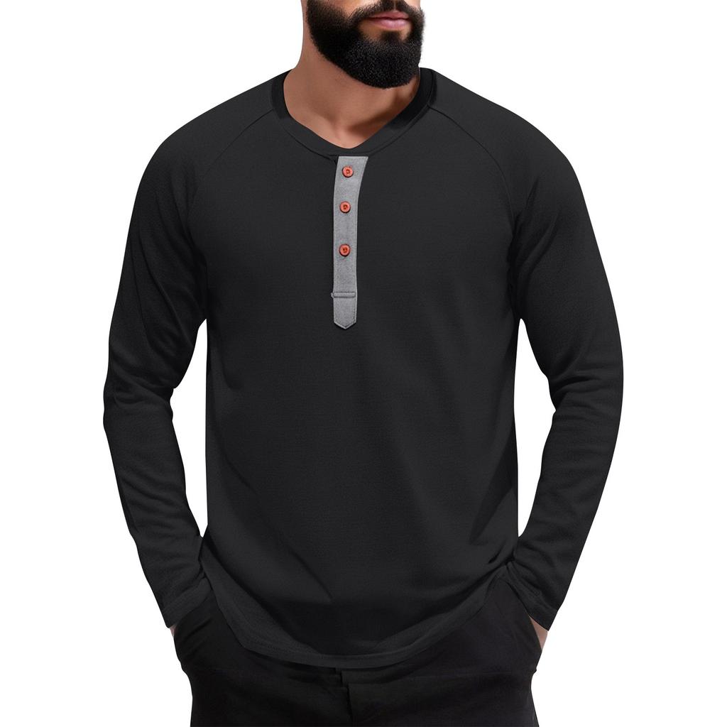 Men's Solid Color Slim-Fit Collar Button Casual Long-Sleeved Top