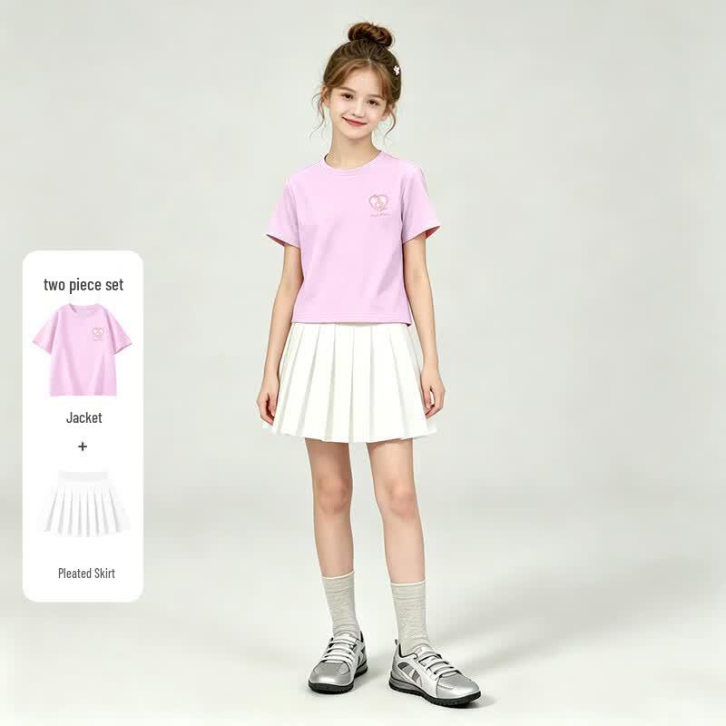 FivePlus Girls' Summer Short Sleeve Pleated Skirt Set