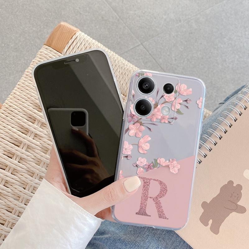 English Letter Flower Soft Clear Silicone Case For Redmi Note 13 Pro 13C 14C 14T Xiaomi 14 Poco C65 M6 Pro F6 Pro Camera Protective Shockproof Cover