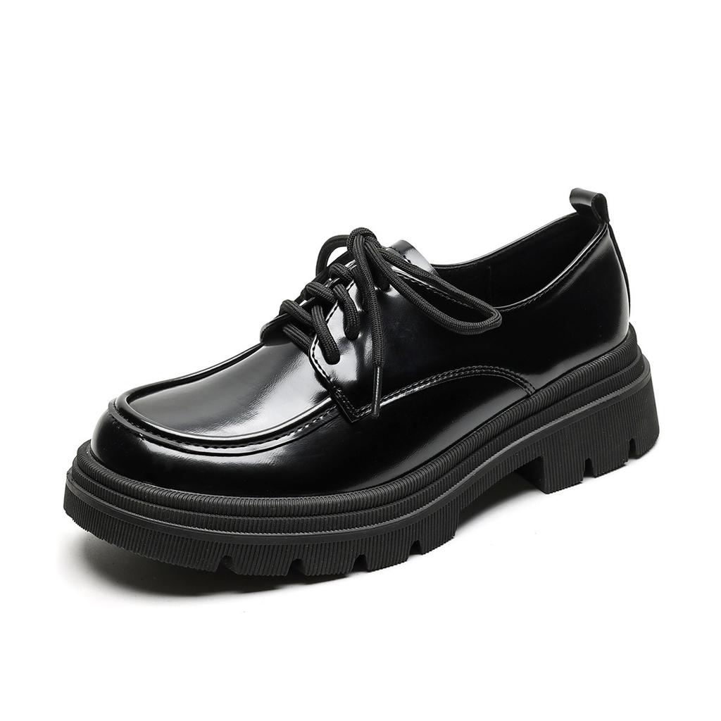Fashion Women's shoes 2025 spring new thick soled retro British style women's loafers black lace up leather shoes soft sole single shoes
