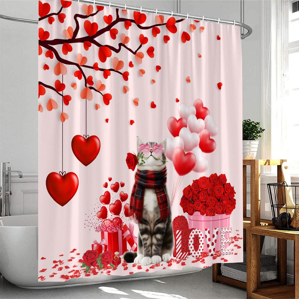 Valentine's Day Shower Curtains Cute Animals Highland Cattle Pig Flamingo Elf Heart Red Rose Bath Curtain Fabric Bathroom Decor