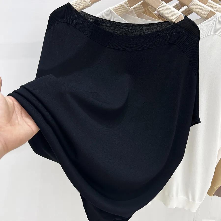 Women's Summer Simplicity Thin Style Ice Silk T-Shirts Short Sleeve O-Neck Solid Casual Loose Knitted Tops