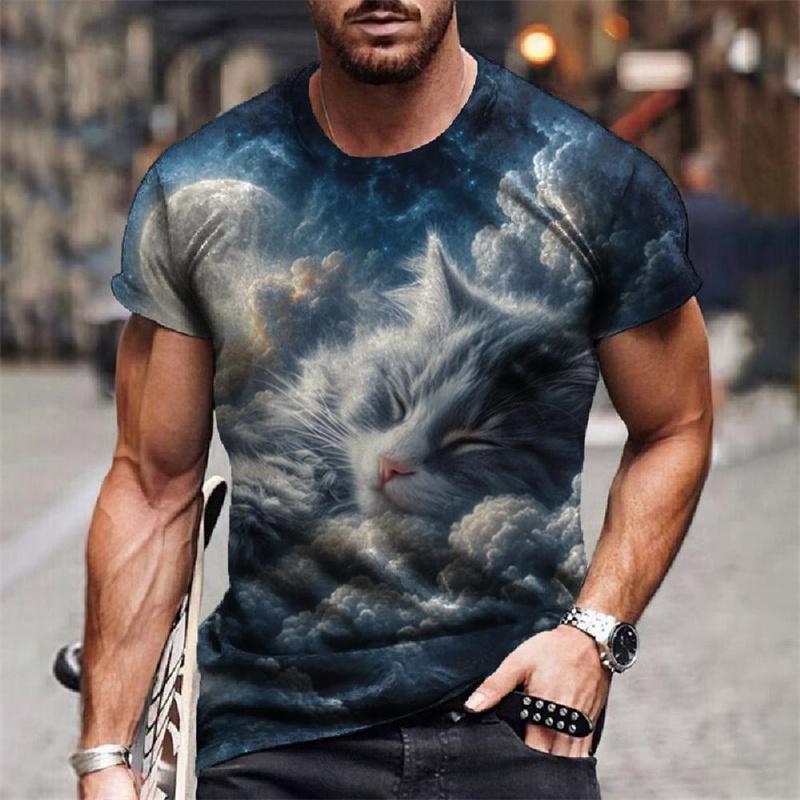 Sternenhimmel Katze Universum Muster Herren T-Shirts Lustiges Tier 3D Druck T-Shirts Sommer Harajuku Kurzarm O-Ausschnitt Oberteile