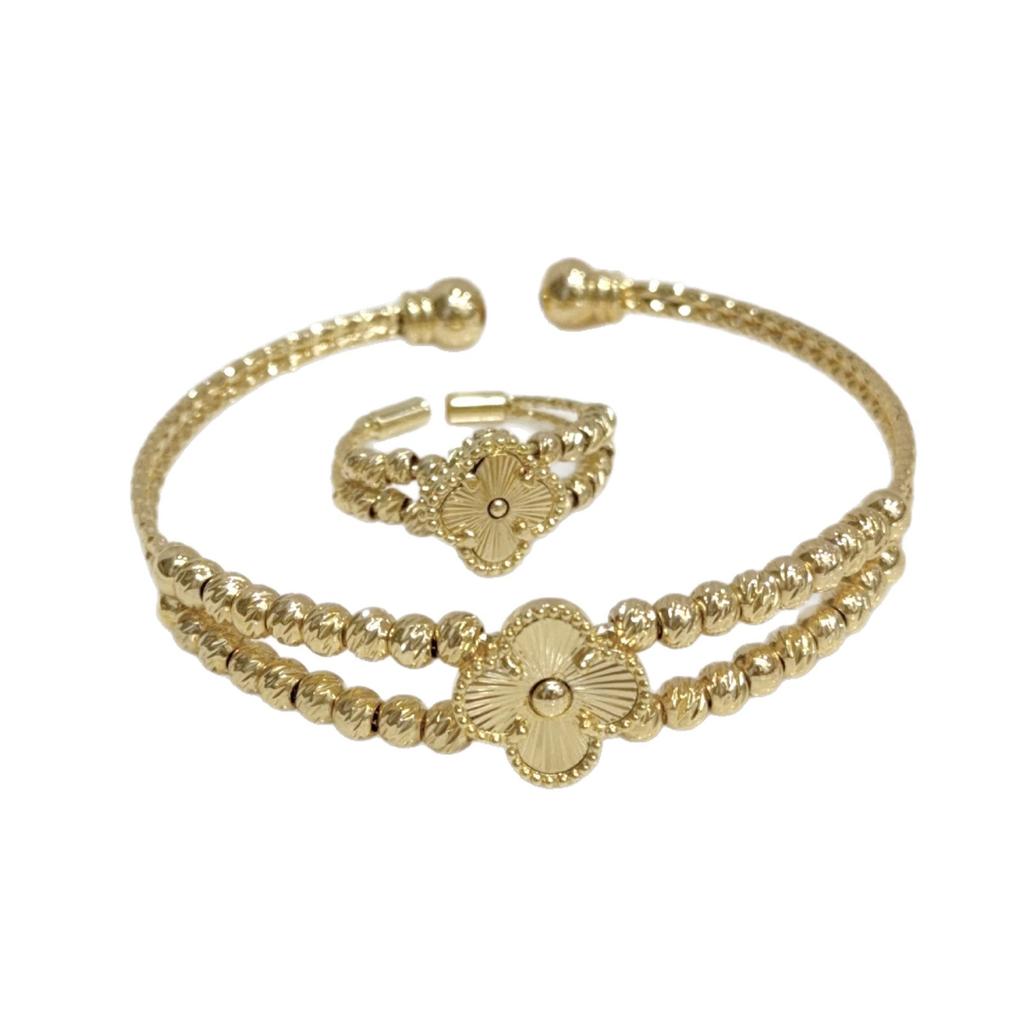 2PCS18K Gold Women's High-end Non Fading Jewelry Ins Four Leaf Clover Pure Copper Bracelet Ring Set