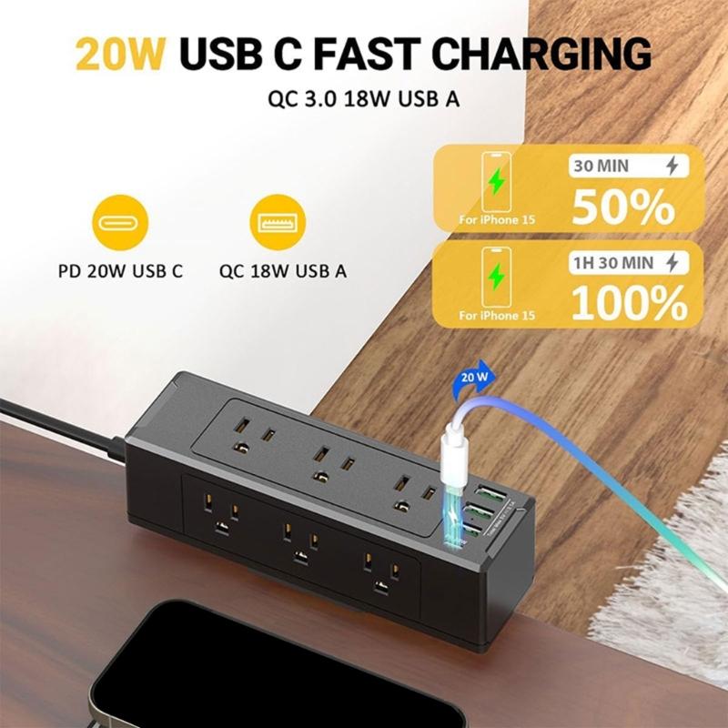 Desk Edges Mount Power Strips with 6 Outlets & 4 Fast Charging USB Port Tabletop Surges Protector Desk Clamps Power Socket