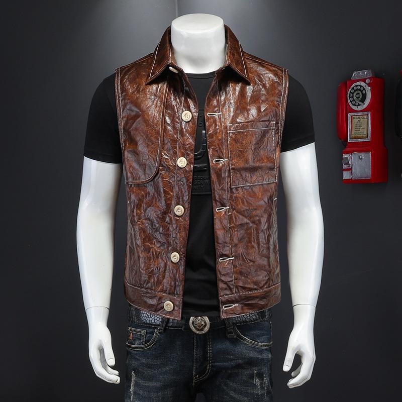 

Міжнародна торгівля, чоловічий двоколірний жилет з плісуванням з високоякісної промитої шкіри від Amazon, основний товар PY011 3XL коричневий