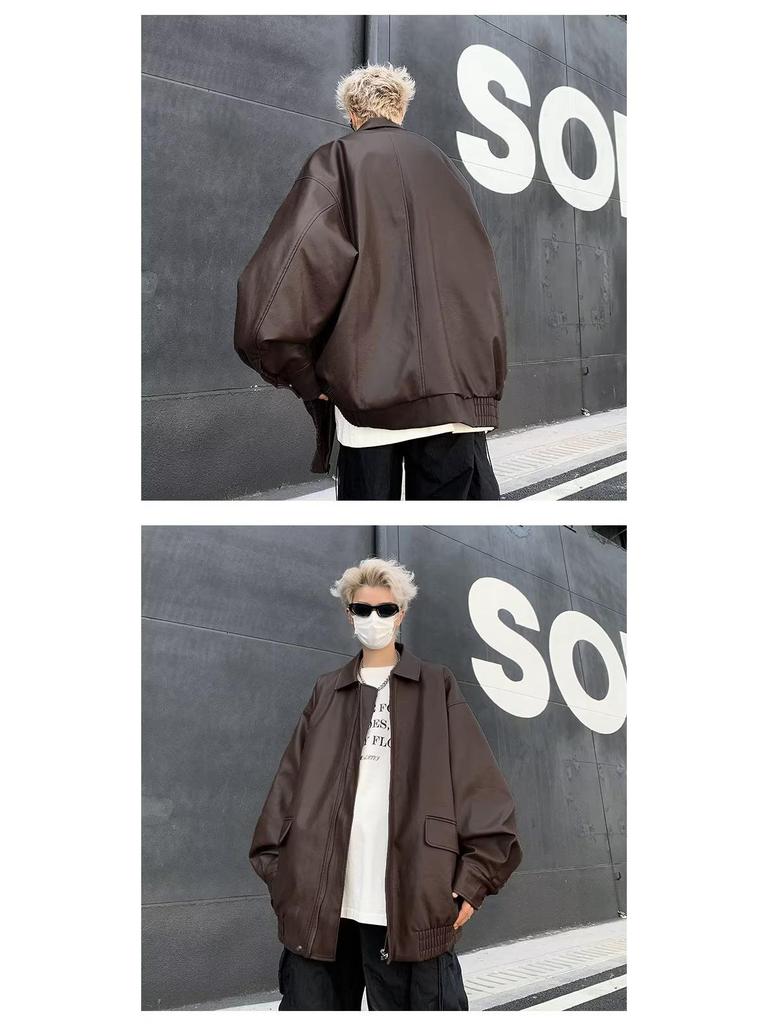 Men's Trendy PU Leather Motorcycle Jacket – Spring/Autumn, High-End Look, Handsome Casual Loose Fit, Lapel Design.