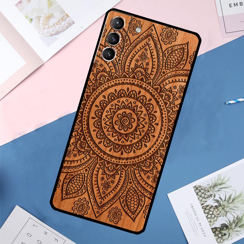 Mandala Floral Wood Case For Samsung Galaxy S25 Ultra S24 S23 S22 S21 Ultra S9 S10 Plus S23 FE S25 FE Back Cover