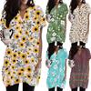 Women Vintage Floral Print V Neck Short Sleeve Pullover Dress with Pocket Casual Loose Fit Tunic Dress