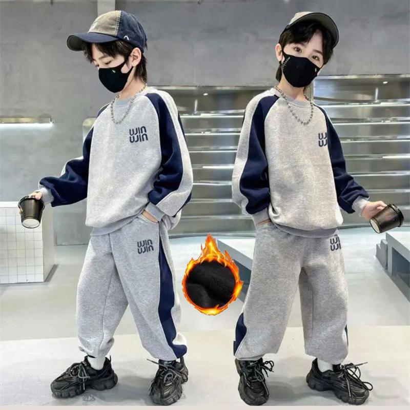 Ensembles Chauds d'Hiver pour Garçons Enfants Polaire Automne Sweat à Capuche Costumes Enfants Rembourrés Sweat-shirts+Pantalons Tenues Adolescent Vêtements en Velours