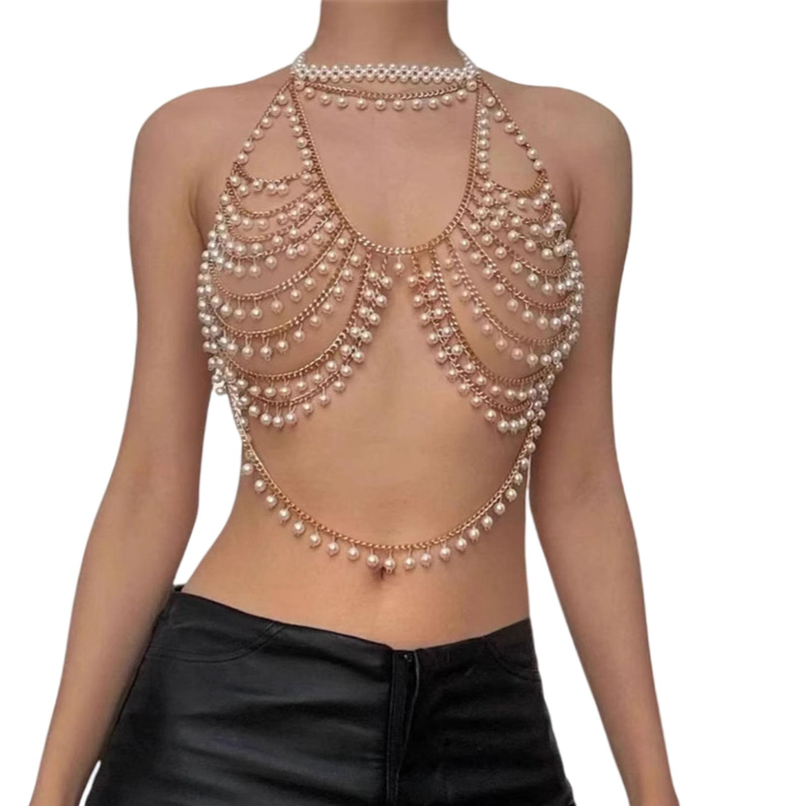

Women s Multi Layer Pearls Beaded Halter Neck Bra Chain Crop Top Hollowed Body Jewelry Camisole Chest Chain for Festival 1