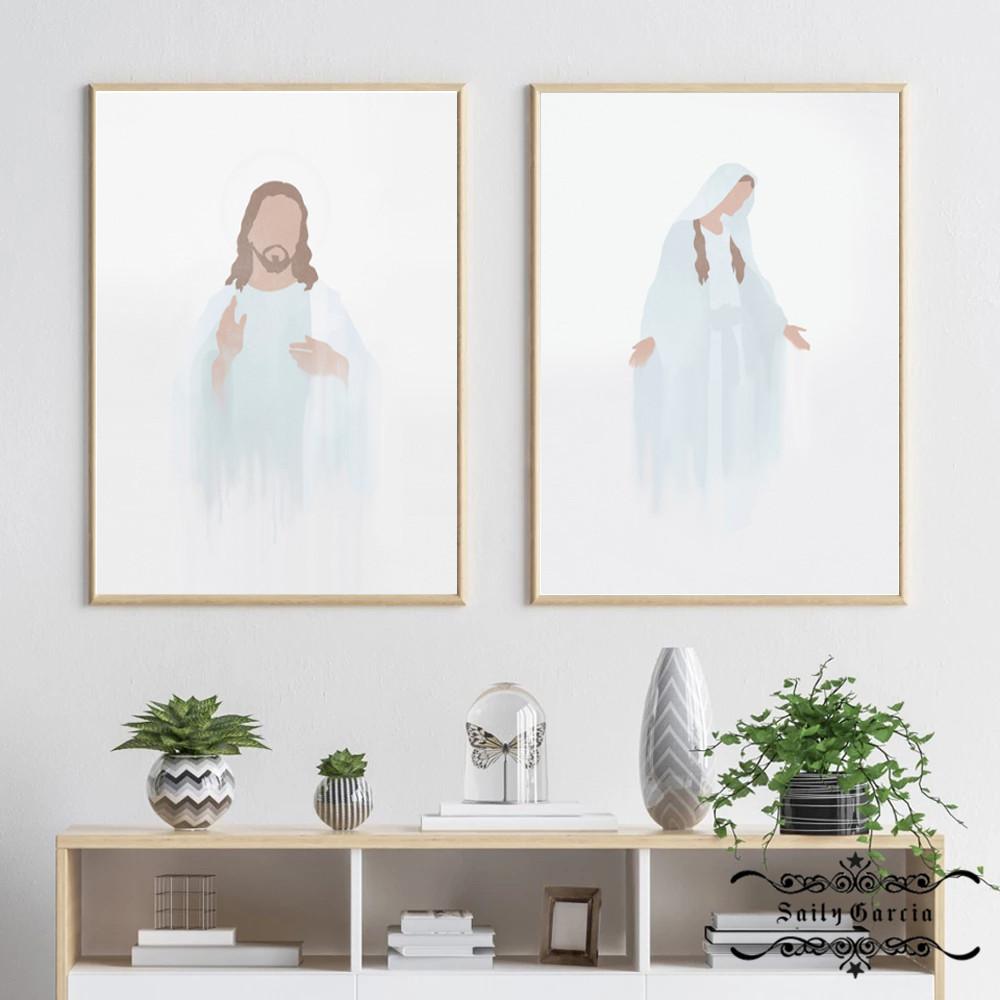 Peinture sur toile de la vierge marie, jésus, imprimés de Religion chrétienne, affiche bleue aquarelle, images minimalistes pour décor artistique mural de maison