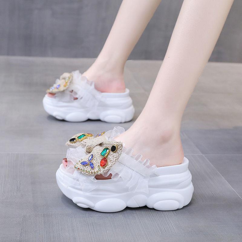 Bow-tie thick-soled slippers for women's summer outer wear, new fashionable rhinestone muffin, inner height-increasing slope heel sandals