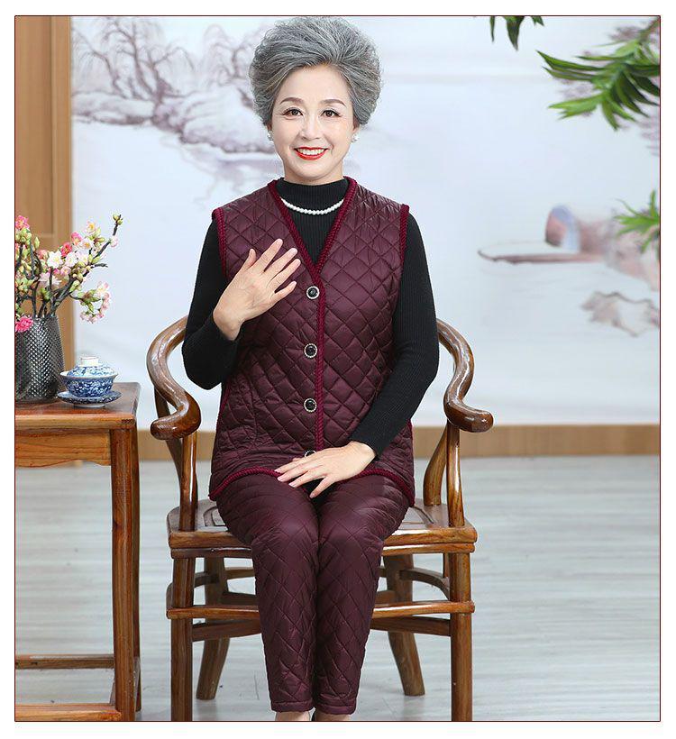 Warm Winter Three-Piece Set for Elderly Women: Fleece-Lined Cotton Coat and Pants