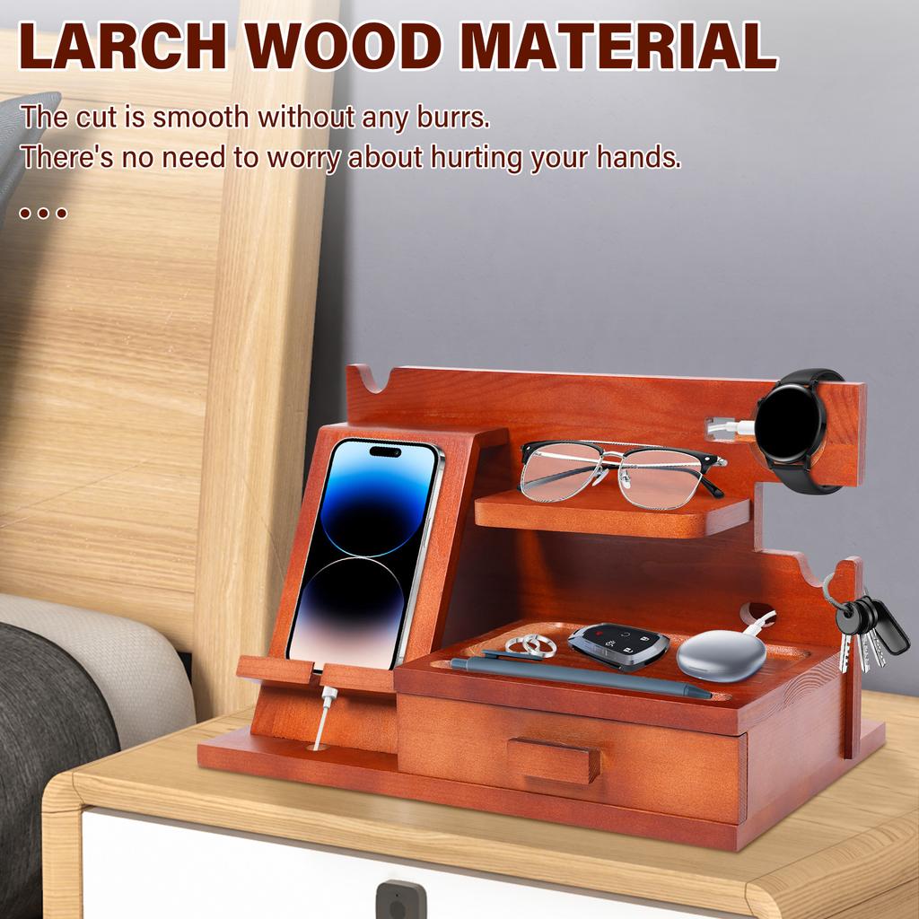 Wood Phone Docking Station with Drawer Bedside Key Wallet Watch Jewelry Stand Storage Rack Desk Organizer Multifunctional