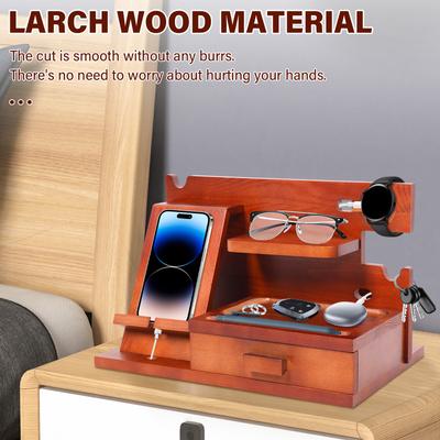 Wood Phone Docking Station with Drawer Bedside Key Wallet Watch Jewelry Stand Storage Rack Desk Organizer Multifunctional