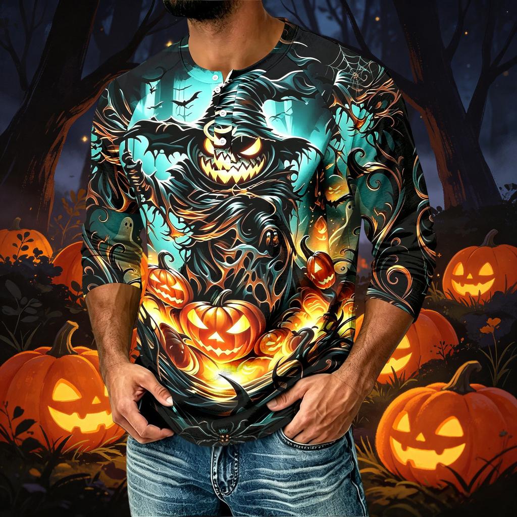 Men's Casual Raglan Three-Quarter Sleeve Shirt Halloween Print