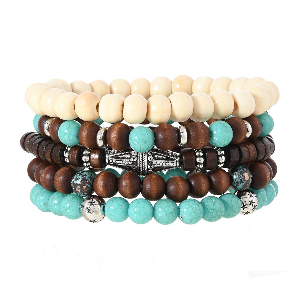 

Бірюзовий Дерев яний Браслет-Набір Багатошаровий Еластичний - Ретро Європейський та Американський Стиль, 5 Штук