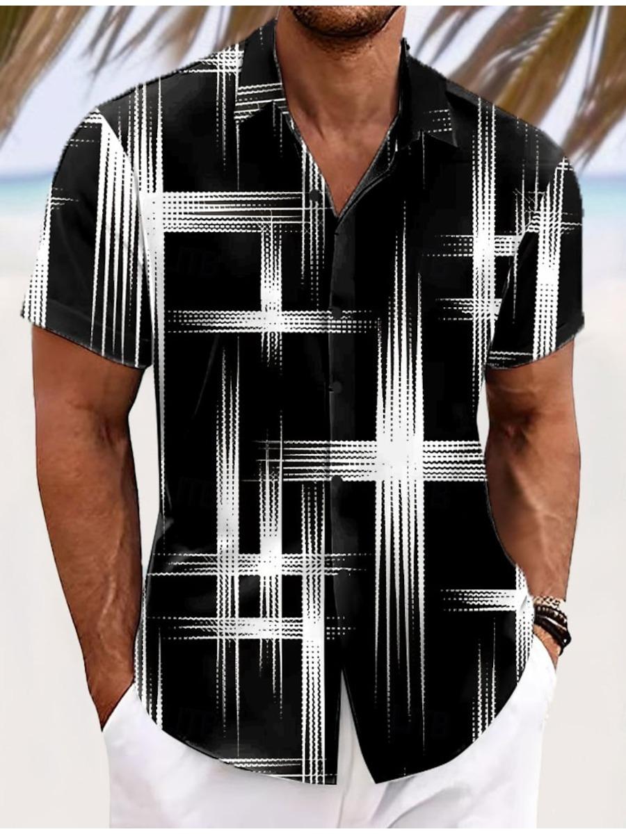 Men s Geometric Grid Plaid Gradient Color Button Up Shirt Short Sleeve Casual Turndown 3D Print Collared Shirts S