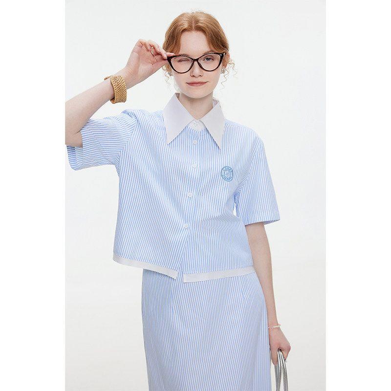 

Black Label Blue Sun Protection Short Pantskirt Stripes Shirt Blue and White Striped Short-Sleeved Shirt M