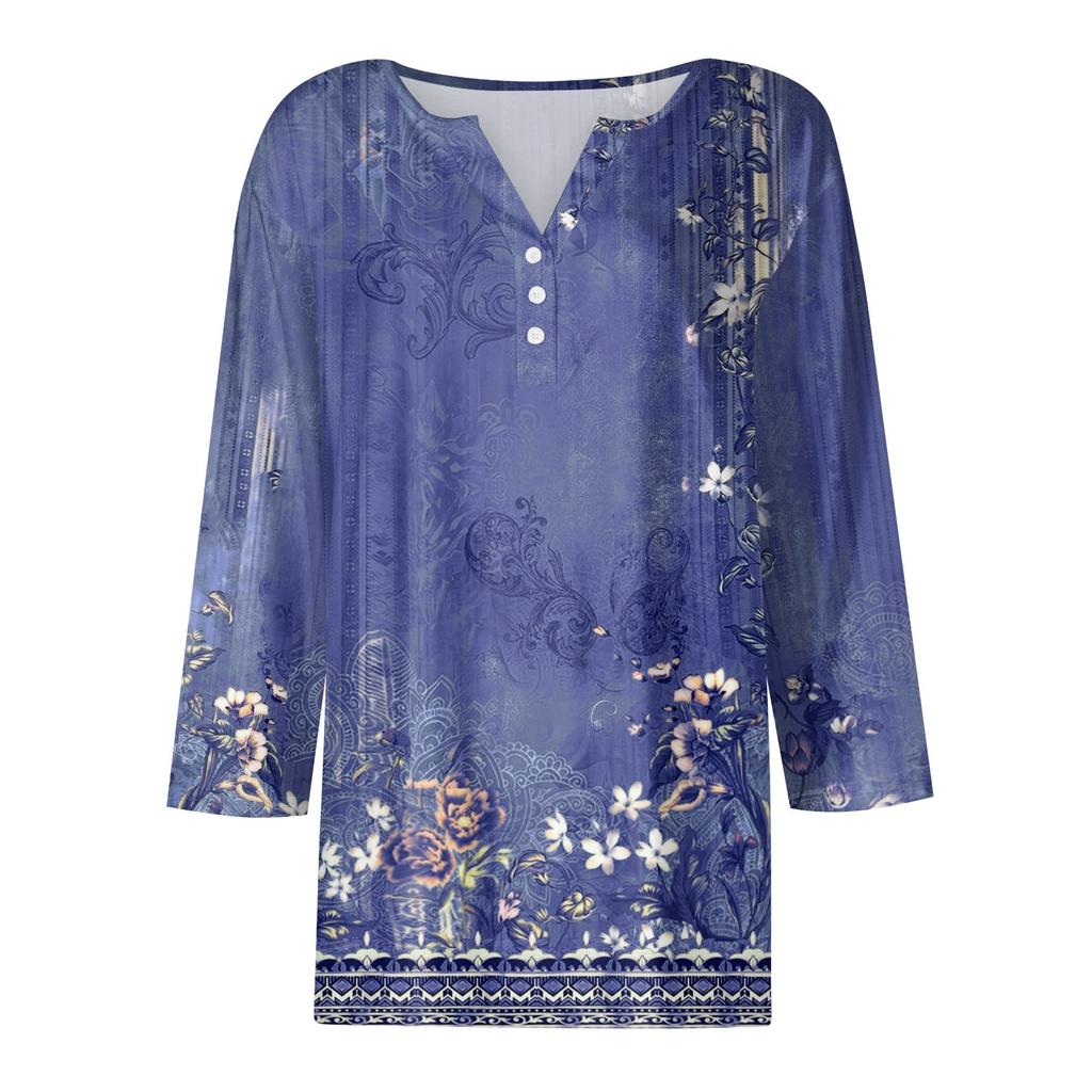Ladies Casual Fashion V-neck Loose Versatile Floral Print Three-quarter Sleeve Top